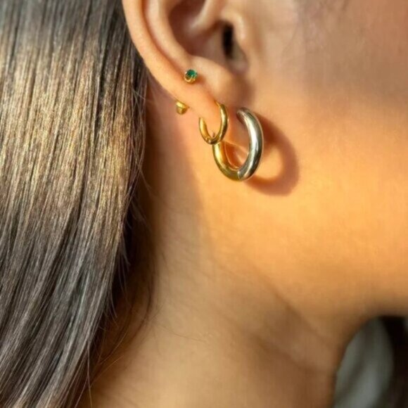 Chunky Mixed Metal Hoop Earrings Gold Silver Reversible Waterproof Hoops Classic - Picture 12 of 13